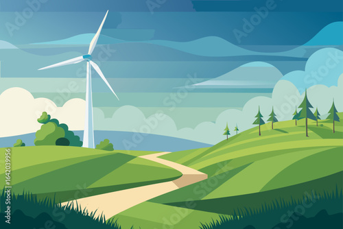 Subtle Texture Vector Style Wind Turbine With Grassy Field