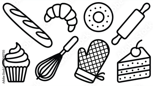 Baking and Pastry Icon Set Featuring Bread Croissant Donut Rolling Pin Cupcake Whisk Oven Mitt and Cake Slice in Black and White