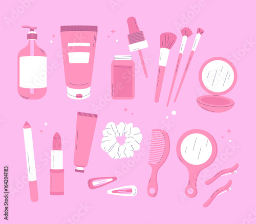 Pink beauty care set with cosmetics, brushes, combs, hair accessories, and skincare bottles. Feminine design for fashion, spa, and makeup projects.

