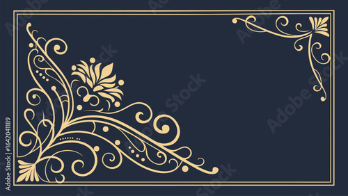 Elegant Golden Decorative Border and Ornate Text Box on Black Background, Luxury Vintage Frame Design for Invitations, and Labels