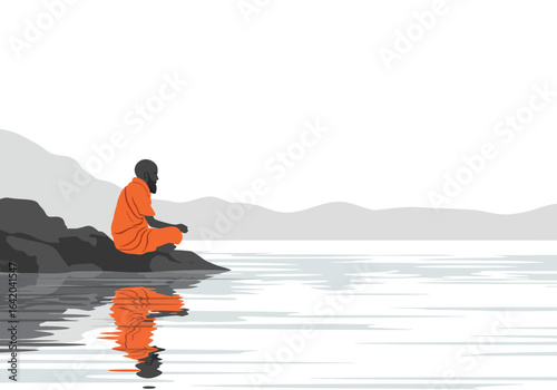 Contemplative Monk by Still Water Mountains in Background.