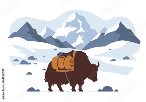 Himalayan Yak Carrying Backpacks in Snowy Mountains.