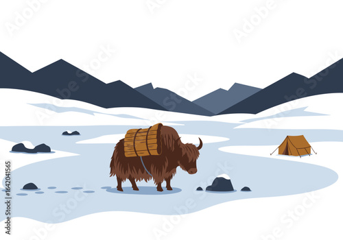 Brown Yak Carrying Wooden Barrel in Snowy Mountains.