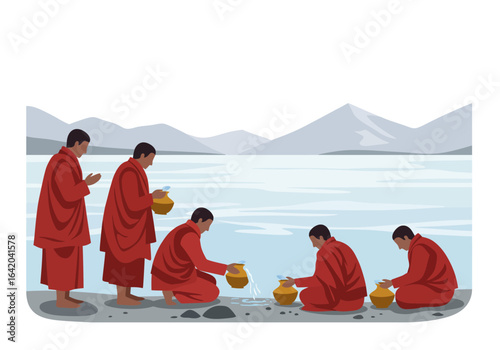 Monks in Red Robes Collecting Holy Water by a Lake.