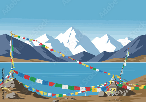 Tibetan Prayer Flags and Stupa by Mountain Lake.