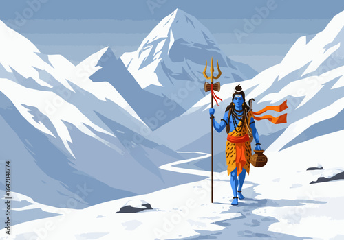 Lord Shiva Hindu Deity Walking in Snowy Mountains with Trishul.