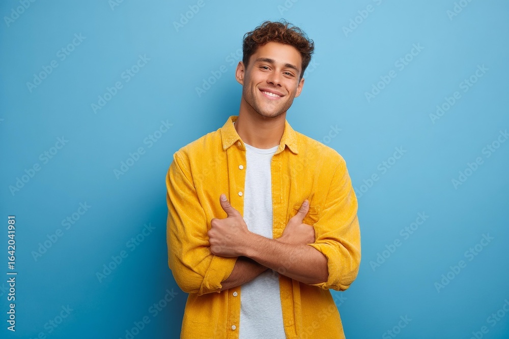Fototapeta premium Happy Caucasian Man in Yellow Shirt Studio Shot