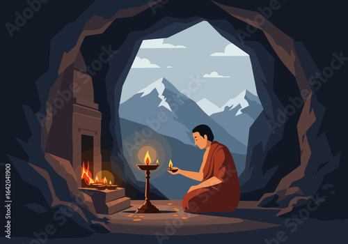 Monk Meditating with Candles in Mountain Cave Shrine.