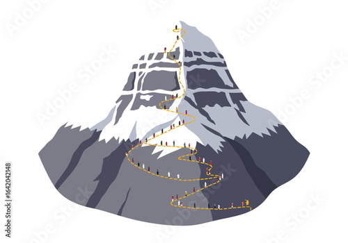 Crowded Mountain Climbing Path to Summit.