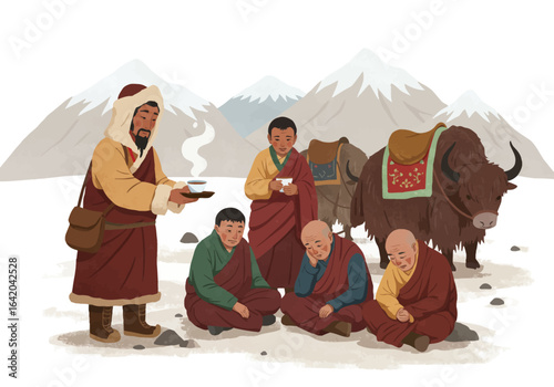 Tibetan Monks and Yak in Mountainous Landscape.