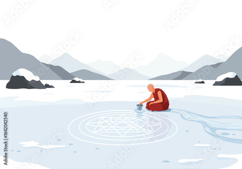 Monk Creating Sacred Mandala on Frozen Lake.