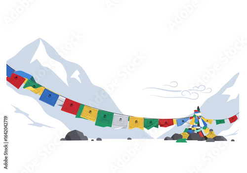 Colorful Prayer Flags Draped Across Snowy Mountain Peaks.