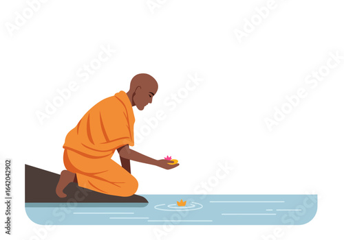 Bald Monk in Orange Robe Offering Flowers to Water.
