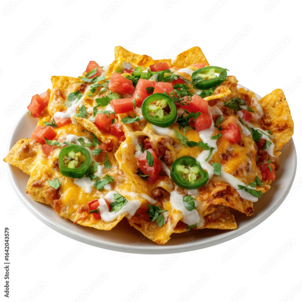 Delicious loaded nachos with jalapenos and tomatoes isolated on transparent background Delicious loaded nachos with jalapenos and tomatoes isolated on transparent background