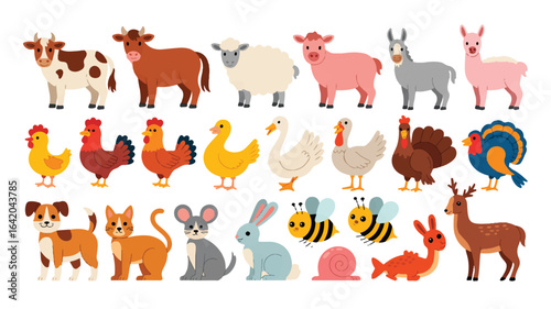 Collection of Farm and Forest Animals in Cartoon Style Vector Illustration Perfect for Childrens Books and Educational Materials Featuring Cows Sheep Chickens and More