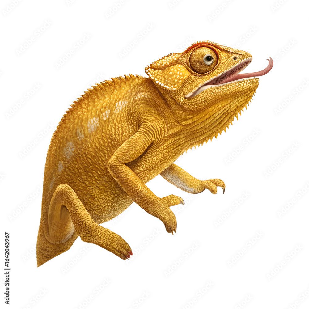 Naklejka premium A detailed illustration of a yellow bearded dragon with a long tongue, showcasing its distinctive features and vibrant color against a black background.