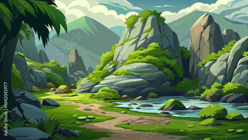 In a serene outdoor setting, soft moss embraces rugged rocks, blending lush green tones with earthy textures, creating a tranquil semi-realistic vector scene of nature’s enduring elegance.