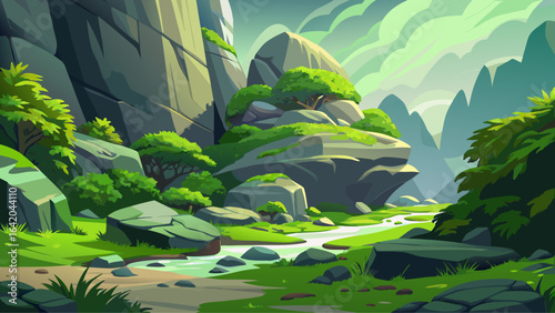 In a serene outdoor setting, soft moss embraces rugged rocks, blending lush green tones with earthy textures, creating a tranquil semi-realistic vector scene of nature’s enduring elegance.