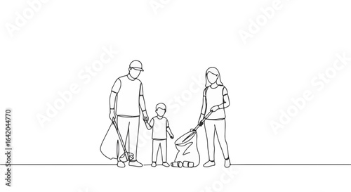 Minimalist continuous line drawing of family picking up trash
