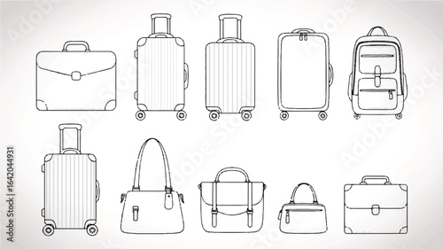 Collection of outlined travel luggage bags including suitcases handbags backpacks and briefcases perfect for design and travel concepts
