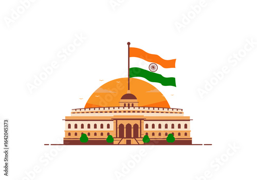 Indian Parliament Building with National Flag at Sunset.