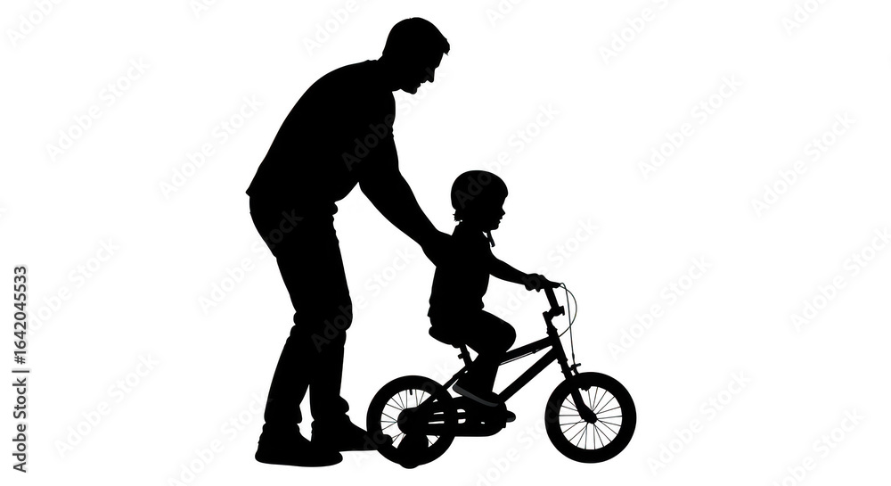Fototapeta premium Silhouette of father teaching his son to ride a bicycle isolated on transparent background