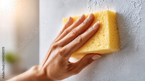 A hand cleans a textured white wall with a bright yellow sponge during daytime.