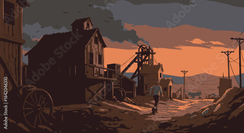 Exploring a Mining Town at Sunset A Journey Through Time and Industry, with nostalgic feel of mining landscape