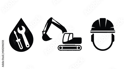 Construction industry icons in black and white depicting repair excavation and safety equipment ideal for construction companies