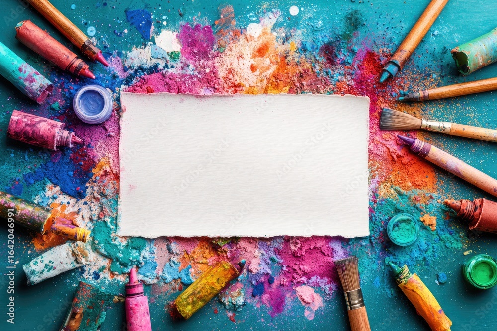 Obraz premium Colorful art supplies and pigments scattered on a teal surface with a blank piece of paper.