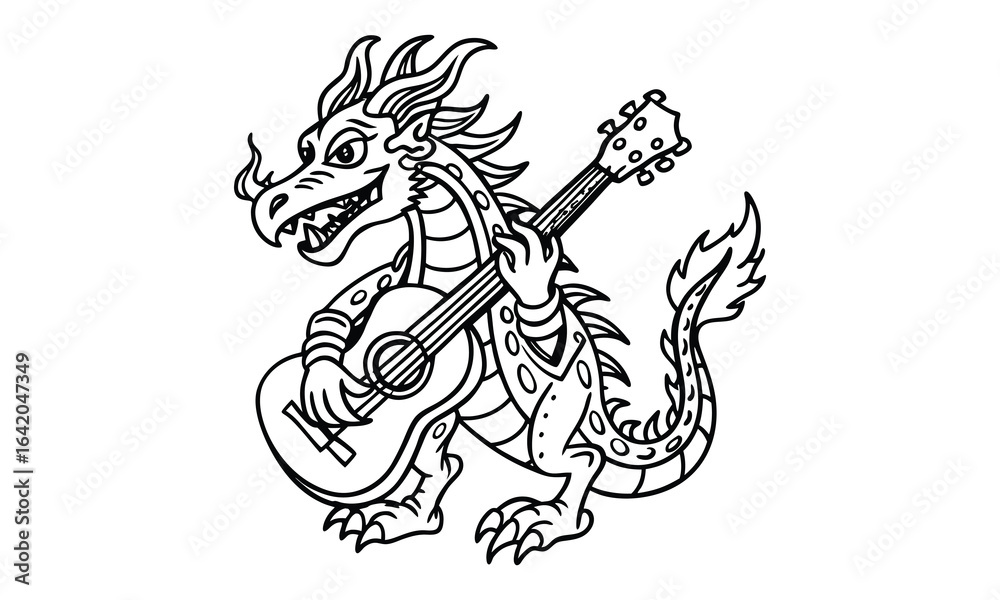 Fototapeta premium Dragon playing guitar t shirt design silhouette and vector line art, detailed illustration perfect for relaxation and stress relief, ideal for adult coloring books, high-quality art
