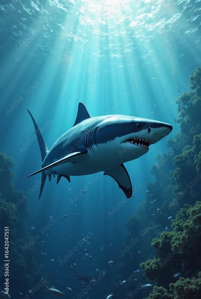 Obraz premium Great white shark swimming in blue ocean and aquarium with coral and tropical fish.