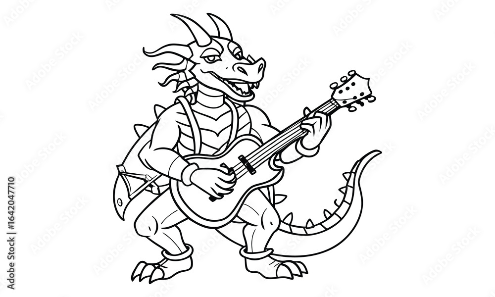 Fototapeta premium Dragon playing guitar t shirt design silhouette and vector line art, detailed illustration perfect for relaxation and stress relief, ideal for adult coloring books, high-quality art