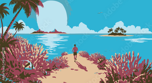 A solitary runner jogs along a vibrant coastal path towards a tranquil sea, with tropical islands on the horizon.