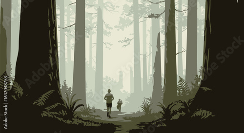 Two figures explore a serene forest path surrounded by towering trees, evoking a sense of adventure and nature's grandeur.