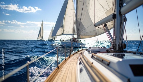 Multiple sailboats with white sails racing on blue ocean waters, capturing competitive sailing and maritime sports.
