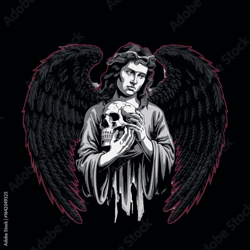 Angelic Contemplation: A spectral angel with sweeping, dark wings gently cradles a skull, set against a stark black backdrop, this high-contrast image embodies themes of mortality and introspection.