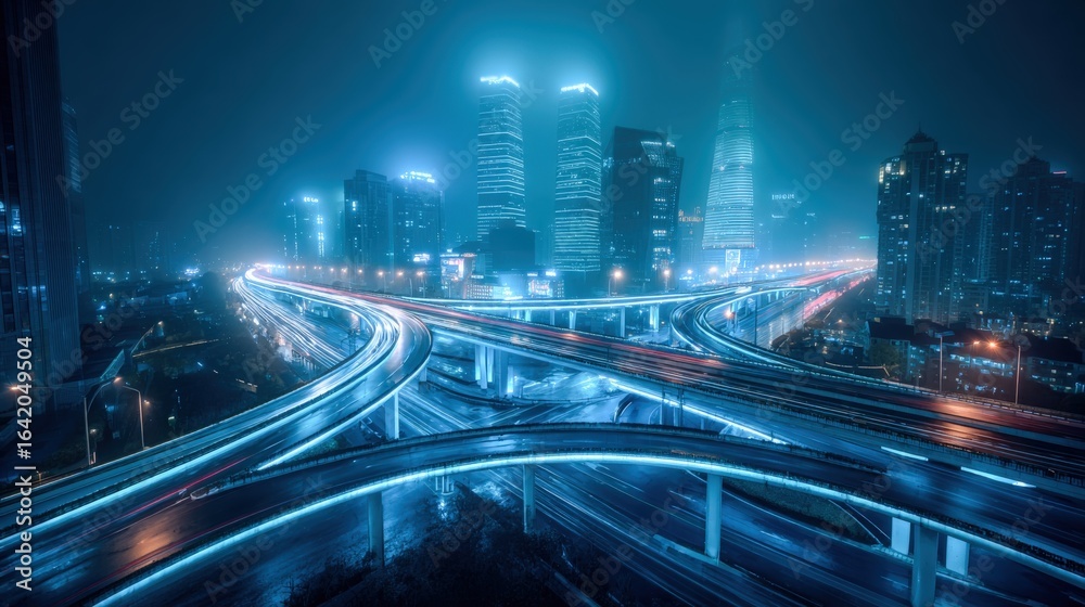 Fototapeta premium Futuristic Cityscape at Night with Glowing Highway Overpass and Modern Architecture, Representing Urban Innovation