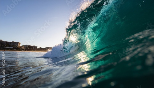 Powerful turquoise wave curling and breaking, showcasing the raw beauty of ocean surf.