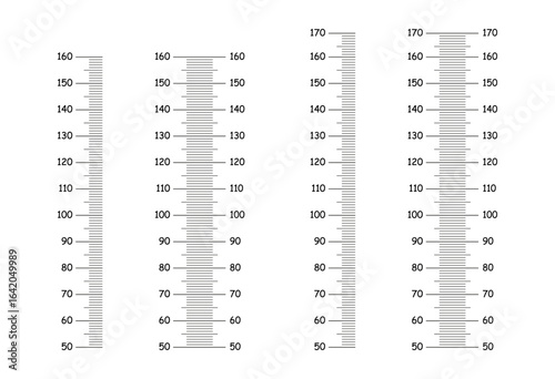 Kids height charts growth stickers for wall. Stadiometer scale from 50 to 160, 170 centimeters. Height meter template. Measuring scale black sample. Vertical markup for rulers. Flat design elements.