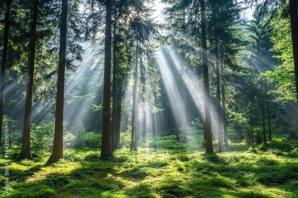 Obraz premium Sunlight streams through a dense forest.