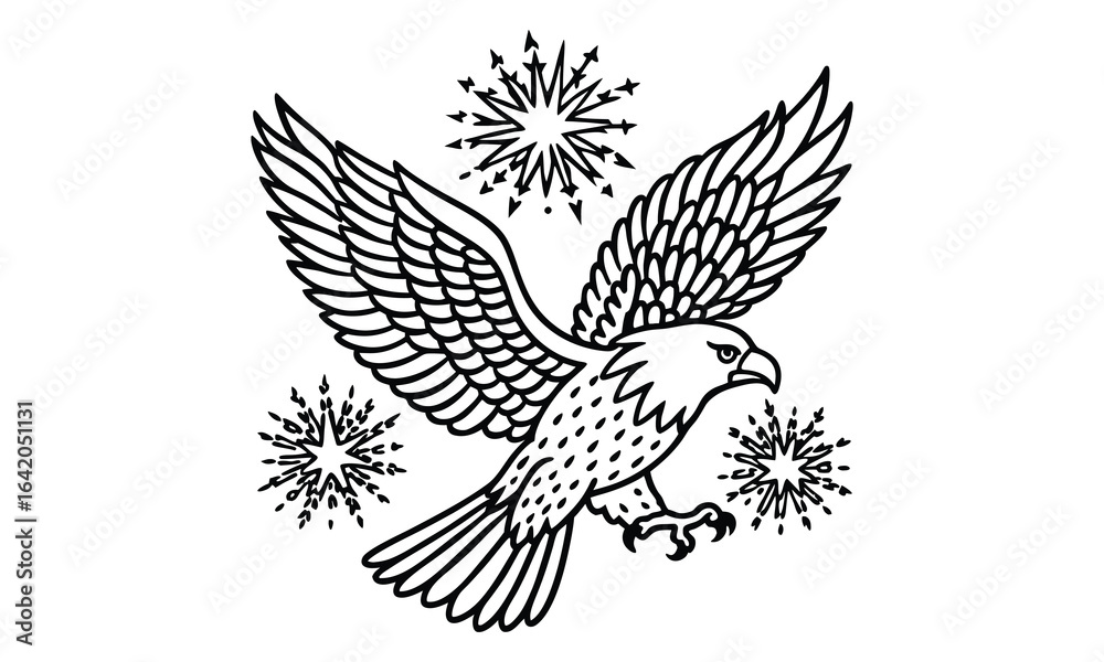 Fototapeta premium Fireworks eagle and American flag t shirt design silhouette and vector line art, high-quality illustration ideal for adult coloring books, art therapy, relaxation and stress relief