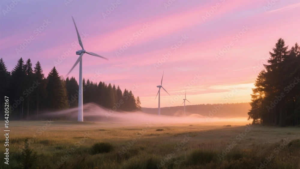 Obraz premium Sunrise over wind farm with misty meadow and trees