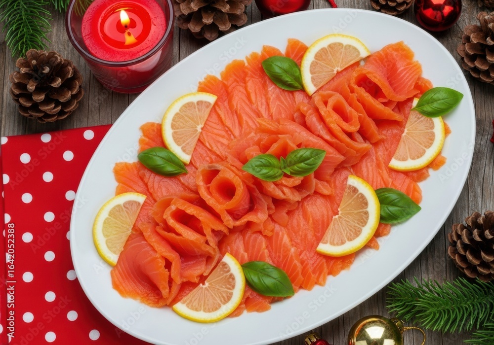 Delicious smoked salmon platter garnished with lemon slices and fresh basil leaves, perfect for holiday celebrations Delicious smoked salmon platter garnished with lemon slices and fresh basil leaves, perfect for holiday celebrations