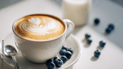 Delicious latte art with fresh blueberries and milk, showcasing a delightful coffee break scene in bright light