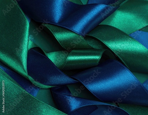 Teal and green satin ribbons are intertwined and folded, creating a textured and layered composition.