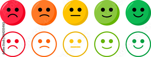 Colorful emoji faces with a flat style, user experience feedback, faces ranging from sad to happy, filled and outlined versions, ratings or emotional visual expressions