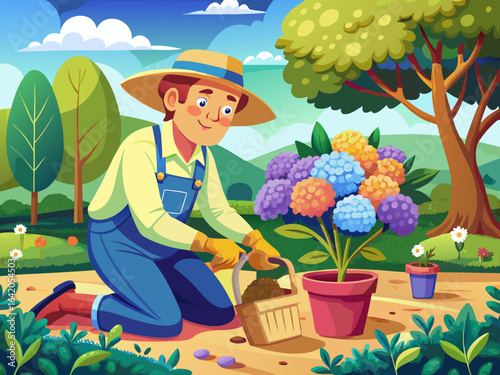 vector of The gardener is transferring the hydrangea plant to the pot in the garden...