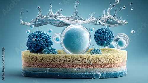 This image depicts a detailed visualization of water purification and filtration processes.