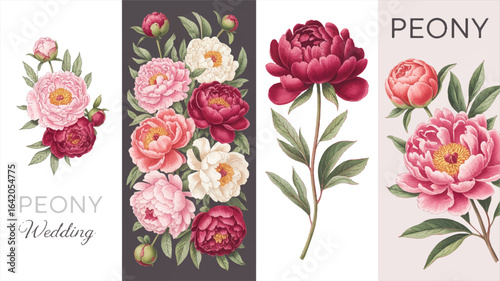 Elegant Peony Flower Collection Watercolor Illustration for Wedding Invitations and Greeting Cards Romantic Floral Design with Blooming Peonies